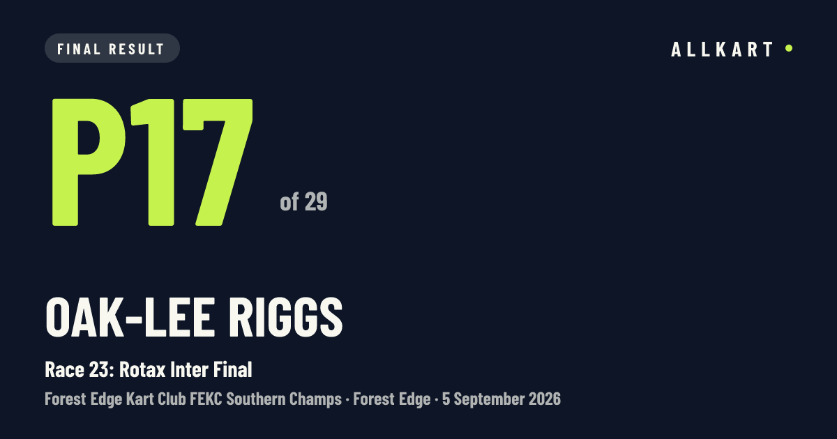 Oak-lee Riggs: P17 of 29 in Race 23: Rotax Inter Final at Forest Edge