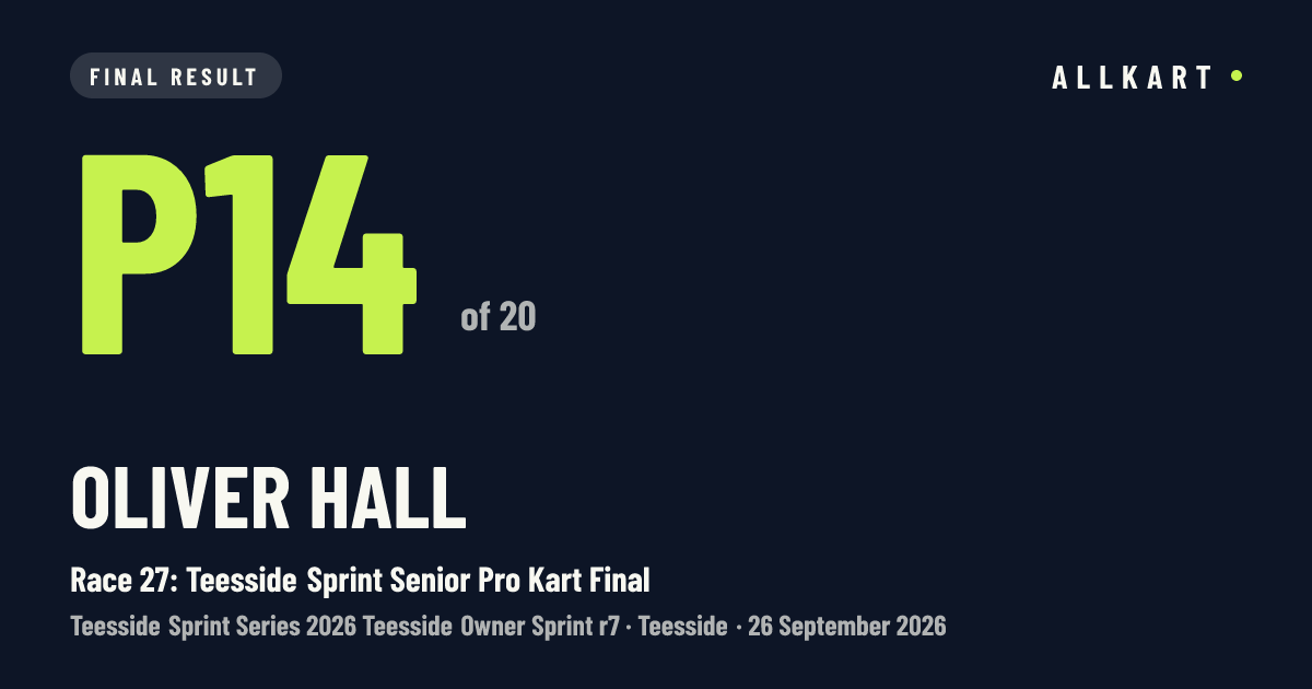 Oliver Hall: P14 of 20 in Race 27: Teesside Sprint Senior Pro Kart Final at Teesside