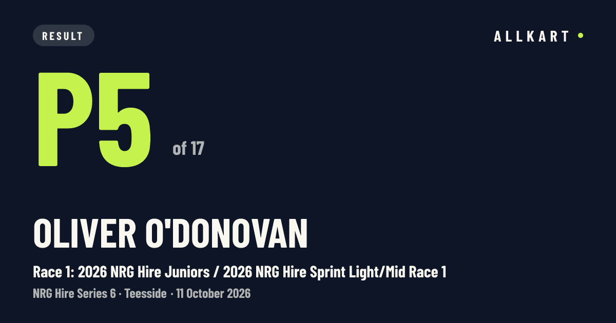 Oliver O'Donovan: P5 of 17 in Race 1: 2026 NRG Hire Juniors / 2026 NRG Hire Sprint Light/Mid Race 1 at Teesside