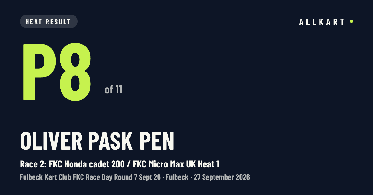 Oliver Pask pen: P8 of 11 in Race 2: FKC Honda cadet 200 / FKC Micro Max UK Heat 1 at Fulbeck