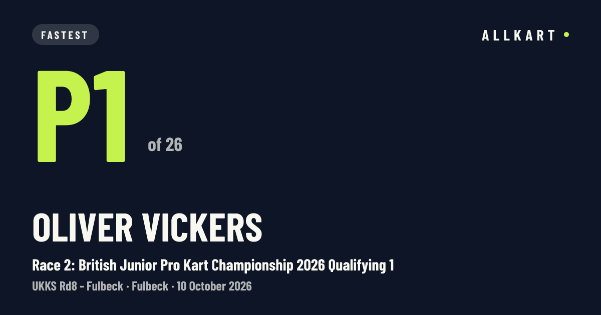Oliver Vickers: P1 of 26 in Race 2: British Junior Pro Kart Championship 2026 Qualifying 1 at Fulbeck