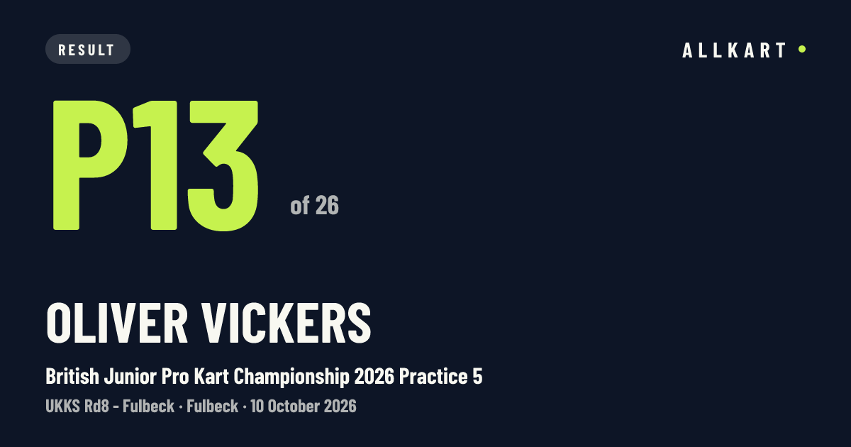 Oliver Vickers: P13 of 26 in British Junior Pro Kart Championship 2026 Practice 5 at Fulbeck