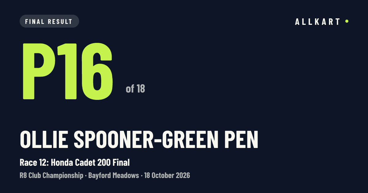 Ollie Spooner-green pen: P16 of 18 in Race 12: Honda Cadet 200 Final at Bayford Meadows