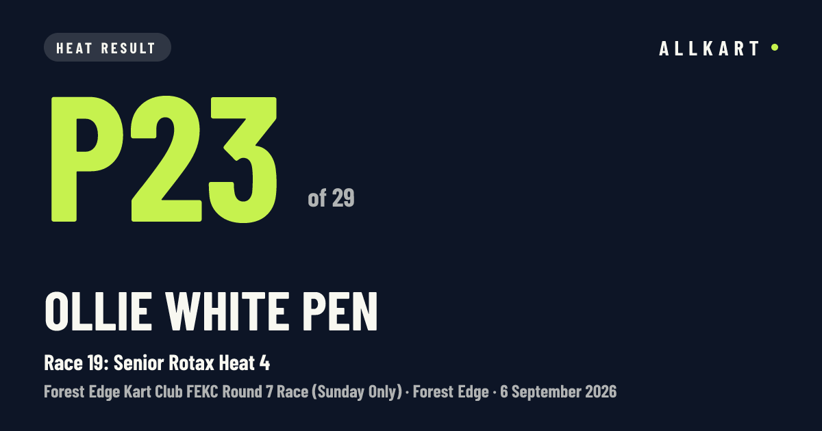 Ollie White pen: P23 of 29 in Race 19: Senior Rotax Heat 4 at Forest Edge