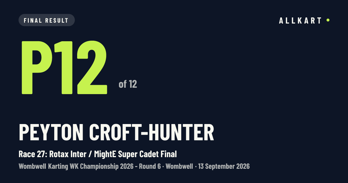 Peyton Croft-Hunter: P12 of 12 in Race 27: Rotax Inter / MightE Super Cadet Final at Wombwell
