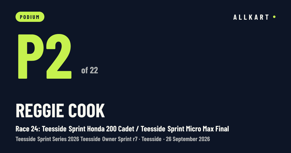 Reggie Cook: P2 of 22 in Race 24: Teesside Sprint Honda 200 Cadet / Teesside Sprint Micro Max Final at Teesside