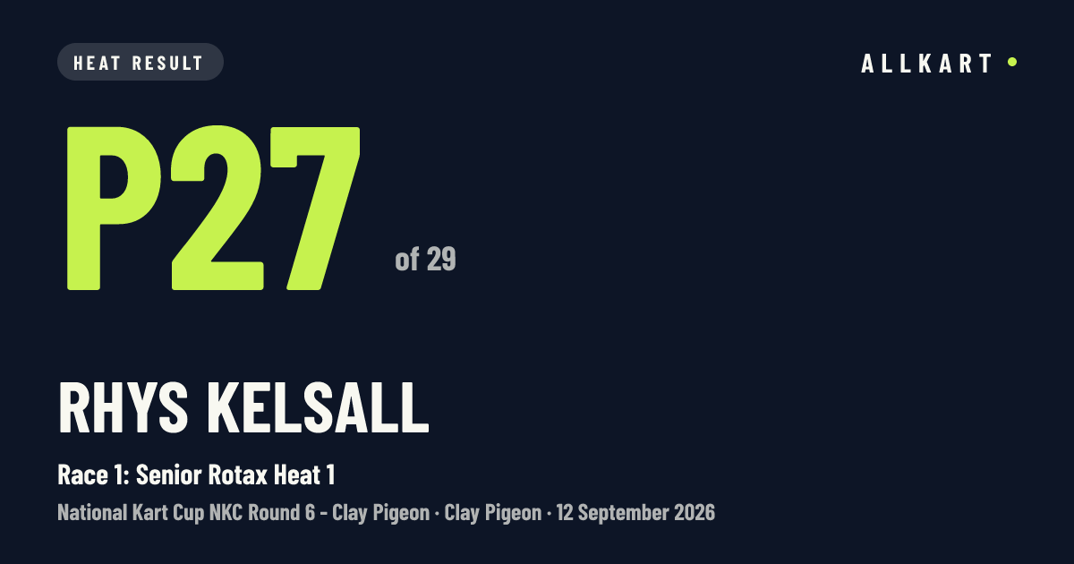 Rhys Kelsall: P27 of 29 in Race 1: Senior Rotax Heat 1 at Clay Pigeon