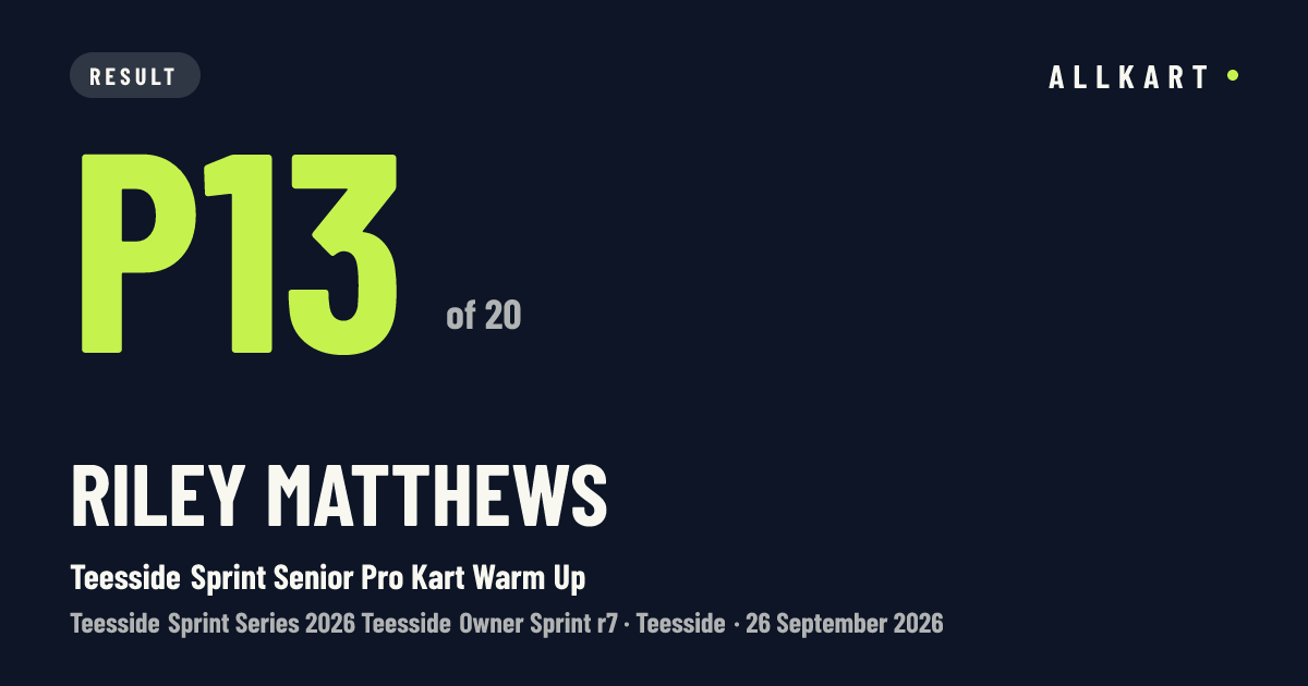 Riley Matthews: P13 of 20 in Teesside Sprint Senior Pro Kart Warm Up at Teesside