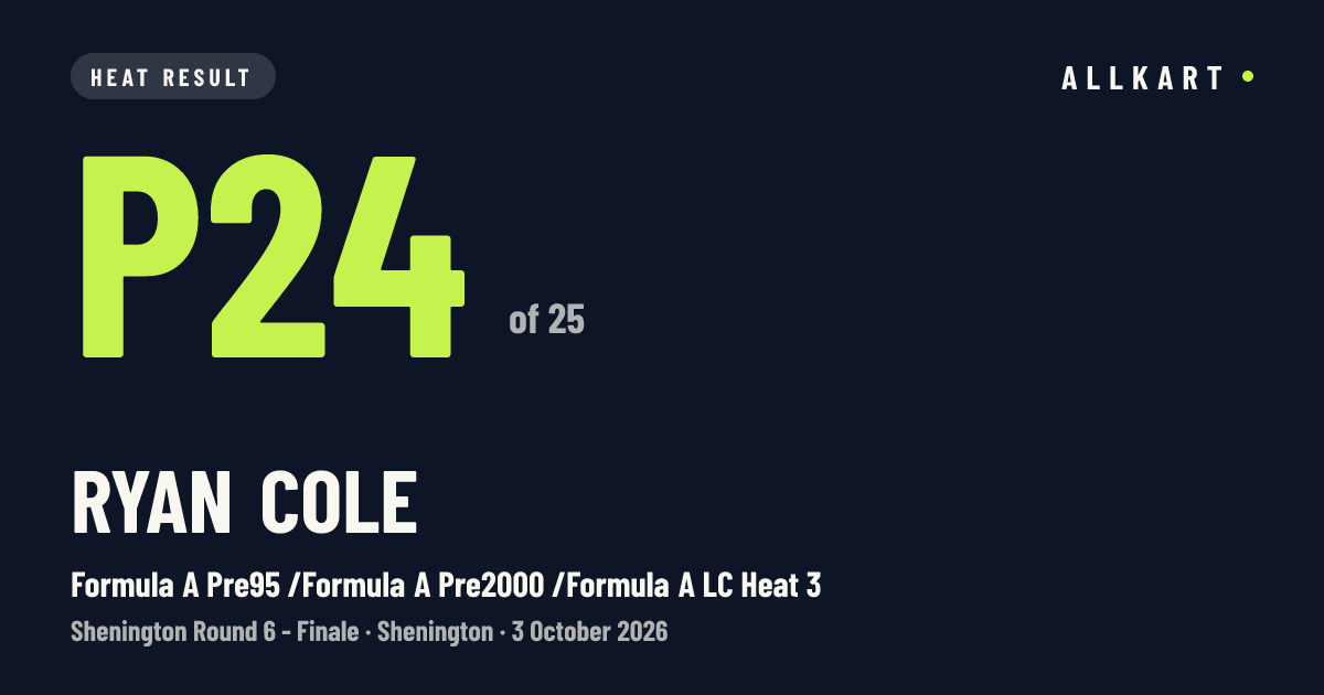 Ryan Cole: P24 of 25 in Formula A Pre95 /Formula A Pre2000 /Formula A LC Heat 3 at Shenington