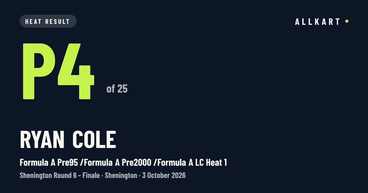 Ryan Cole: P4 of 25 in Formula A Pre95 /Formula A Pre2000 /Formula A LC Heat 1 at Shenington