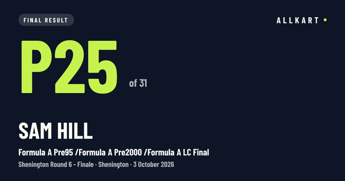 Sam Hill: P25 of 31 in Formula A Pre95 /Formula A Pre2000 /Formula A LC Final at Shenington
