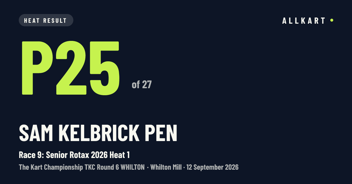 Sam Kelbrick pen: P25 of 27 in Race 9: Senior Rotax 2026 Heat 1 at Whilton Mill