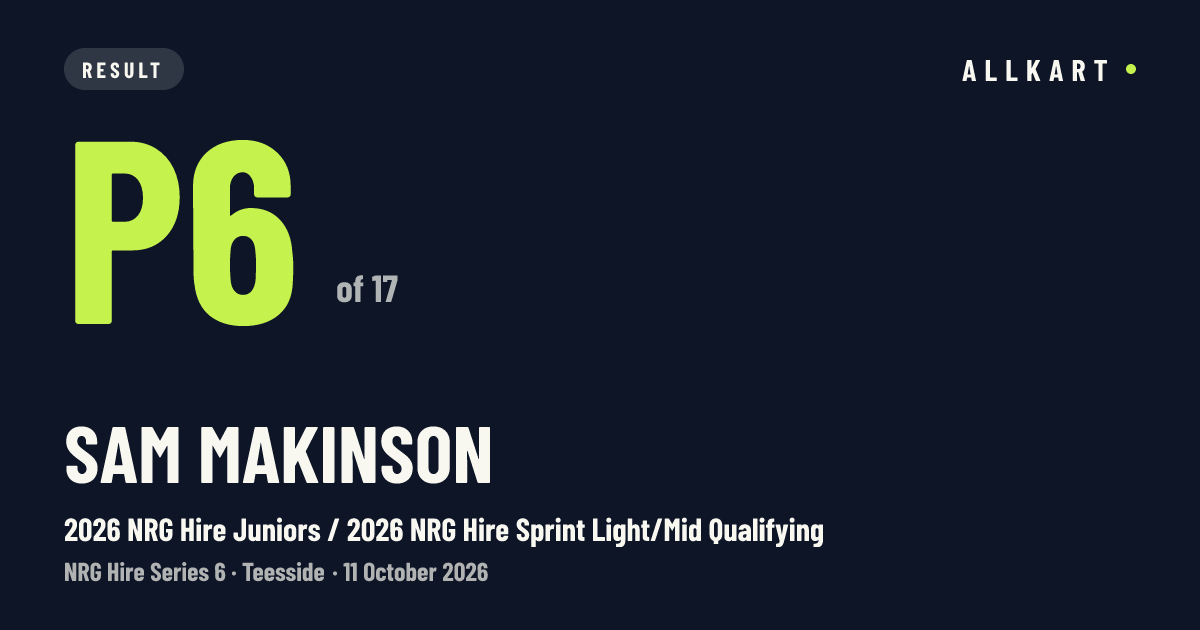 Sam Makinson: P6 of 17 in 2026 NRG Hire Juniors / 2026 NRG Hire Sprint Light/Mid Qualifying at Teesside