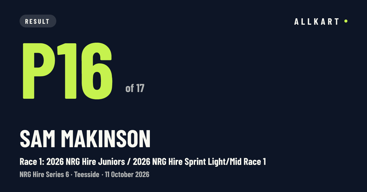 Sam Makinson: P16 of 17 in Race 1: 2026 NRG Hire Juniors / 2026 NRG Hire Sprint Light/Mid Race 1 at Teesside