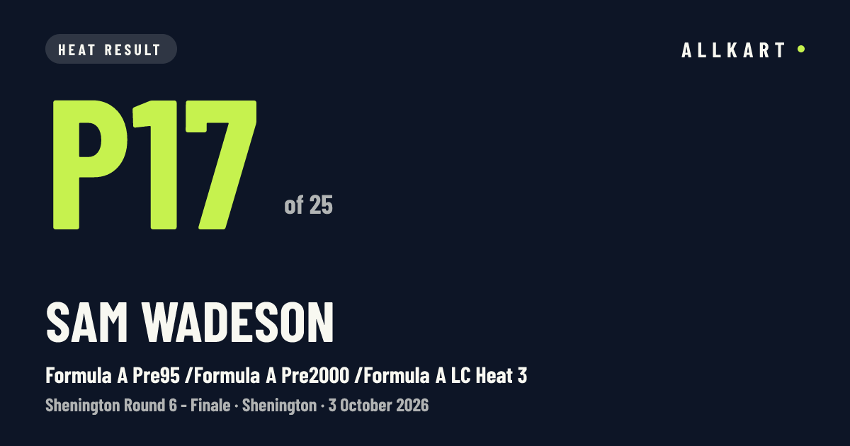 Sam Wadeson: P17 of 25 in Formula A Pre95 /Formula A Pre2000 /Formula A LC Heat 3 at Shenington