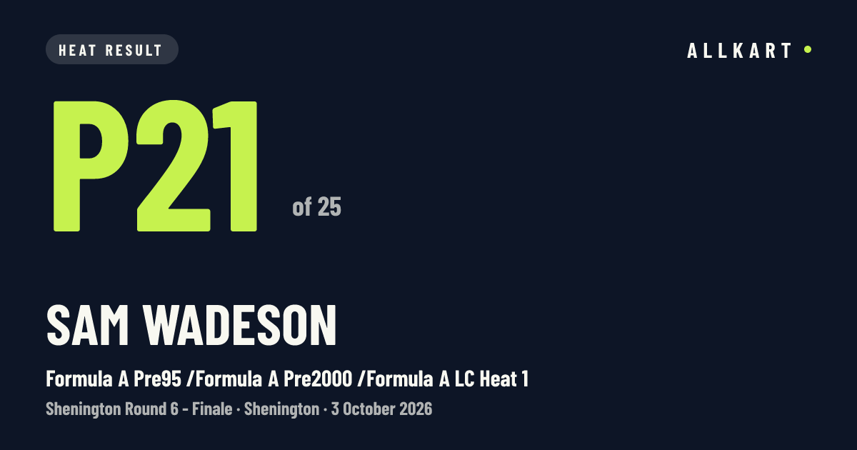 Sam Wadeson: P21 of 25 in Formula A Pre95 /Formula A Pre2000 /Formula A LC Heat 1 at Shenington