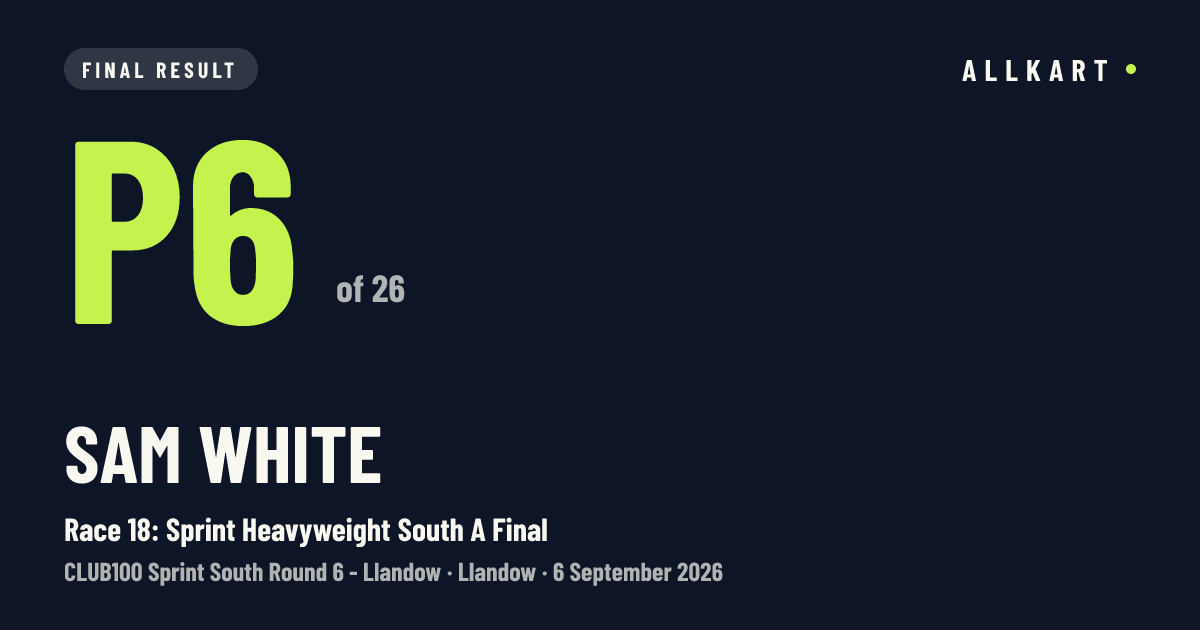 Sam White: P6 of 26 in Race 18: Sprint Heavyweight South A Final at Llandow