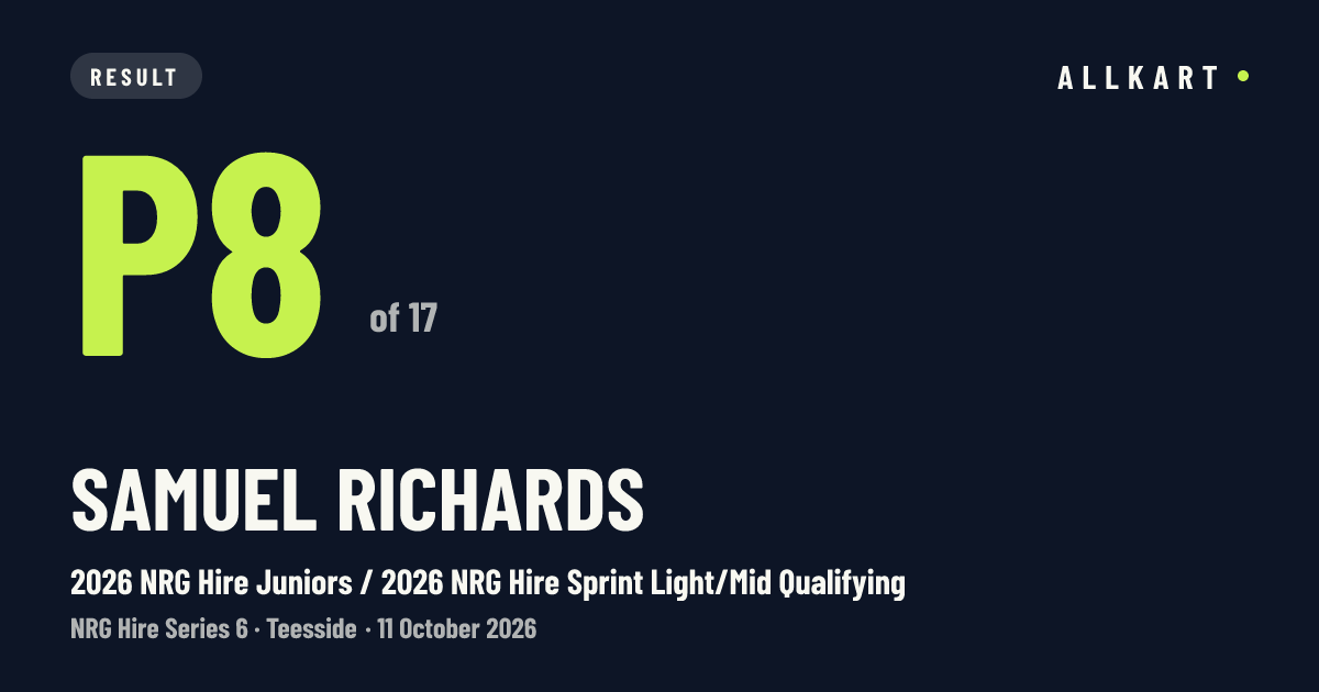 Samuel Richards: P8 of 17 in 2026 NRG Hire Juniors / 2026 NRG Hire Sprint Light/Mid Qualifying at Teesside