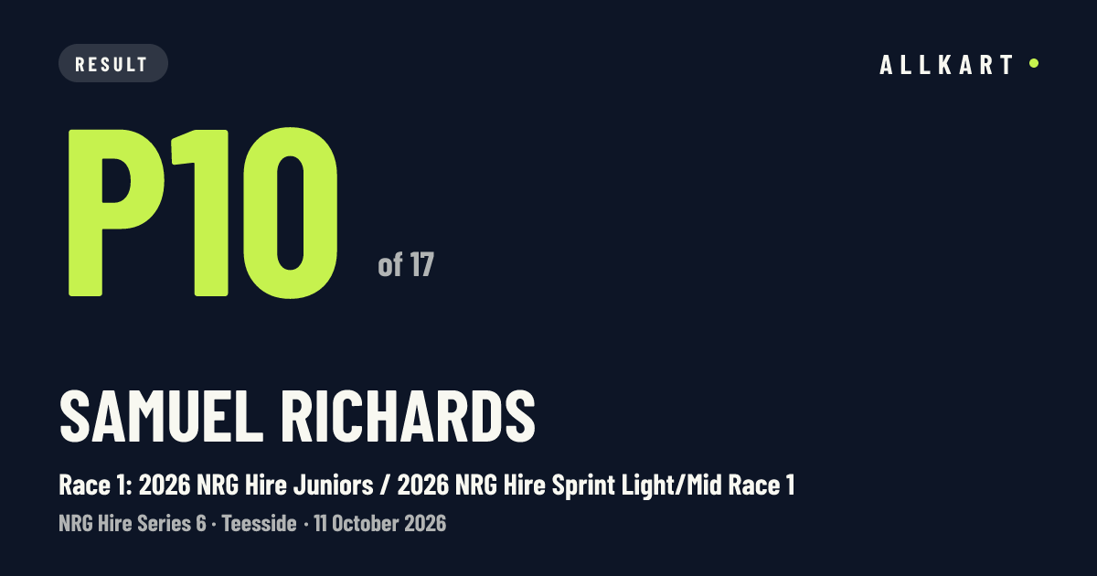 Samuel Richards: P10 of 17 in Race 1: 2026 NRG Hire Juniors / 2026 NRG Hire Sprint Light/Mid Race 1 at Teesside
