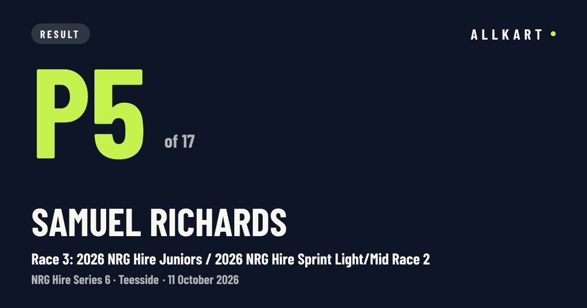 Samuel Richards: P5 of 17 in Race 3: 2026 NRG Hire Juniors / 2026 NRG Hire Sprint Light/Mid Race 2 at Teesside