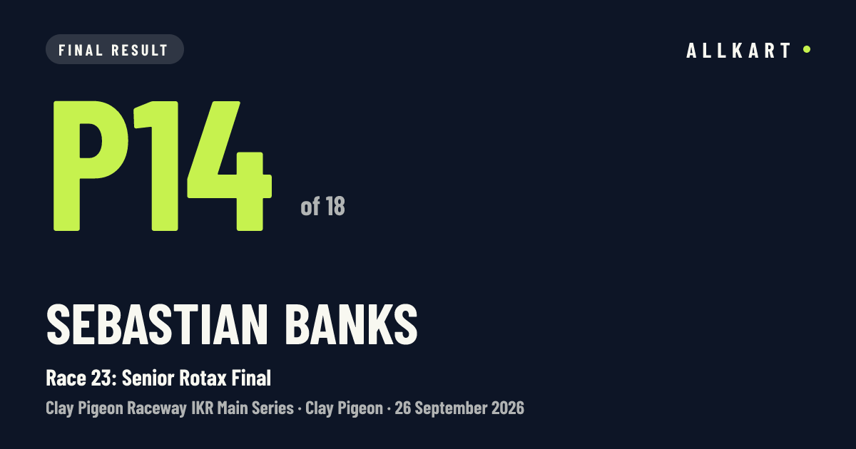 Sebastian Banks: P14 of 18 in Race 23: Senior Rotax Final at Clay Pigeon
