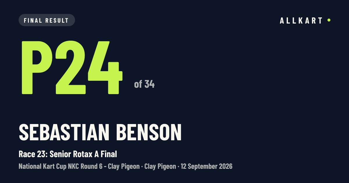 Sebastian Benson: P24 of 34 in Race 23: Senior Rotax A Final at Clay Pigeon
