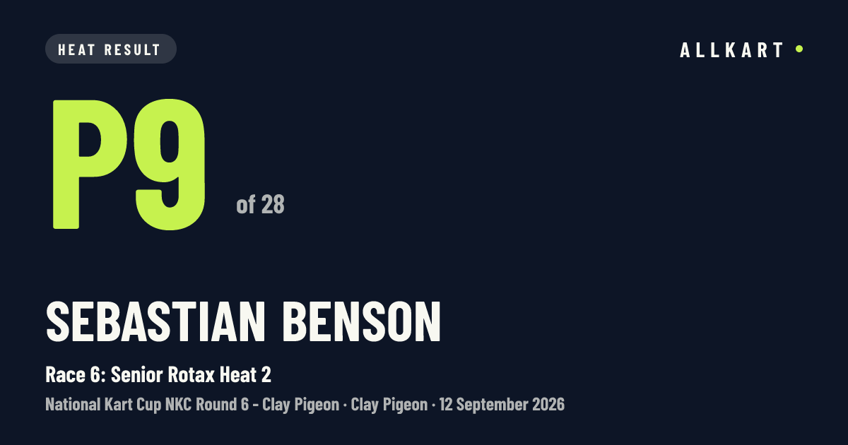 Sebastian Benson: P9 of 28 in Race 6: Senior Rotax Heat 2 at Clay Pigeon