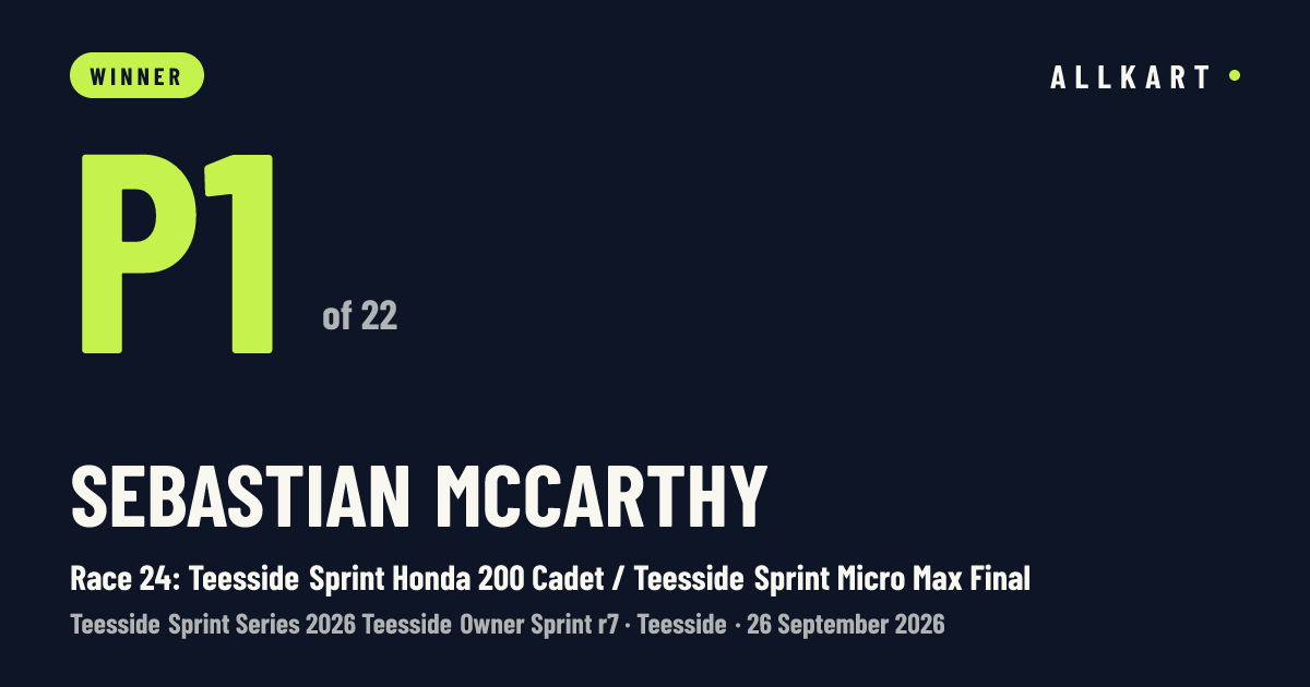 Sebastian McCarthy: P1 of 22 in Race 24: Teesside Sprint Honda 200 Cadet / Teesside Sprint Micro Max Final at Teesside