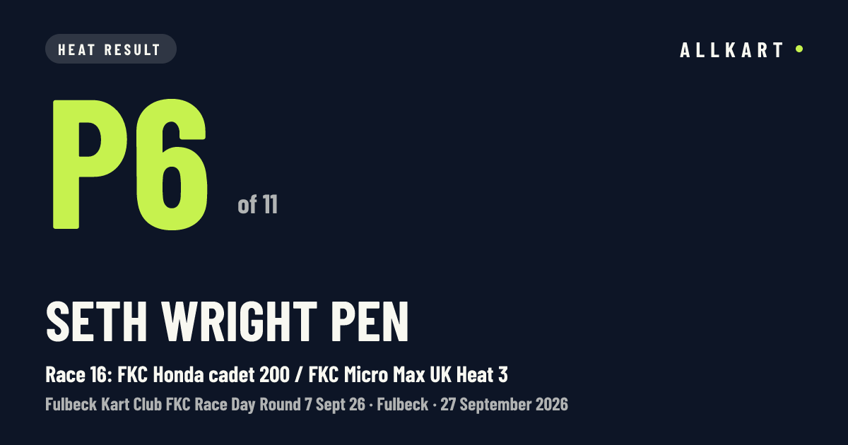 Seth Wright pen: P6 of 11 in Race 16: FKC Honda cadet 200 / FKC Micro Max UK Heat 3 at Fulbeck