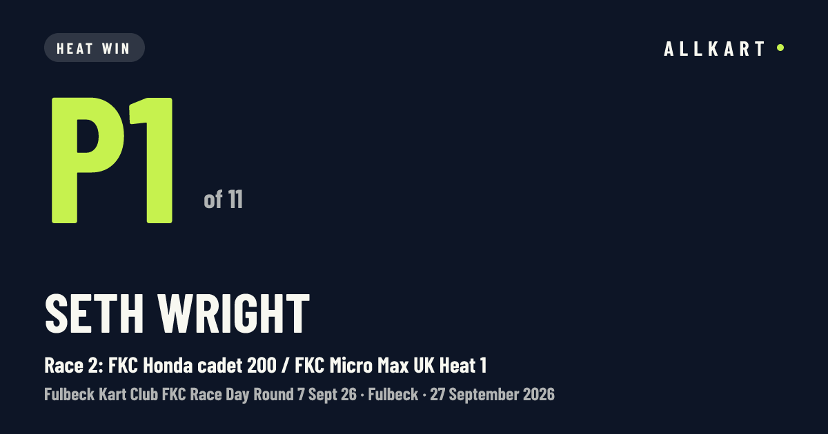 Seth Wright: P1 of 11 in Race 2: FKC Honda cadet 200 / FKC Micro Max UK Heat 1 at Fulbeck