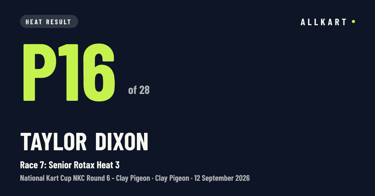 Taylor Dixon: P16 of 28 in Race 7: Senior Rotax Heat 3 at Clay Pigeon