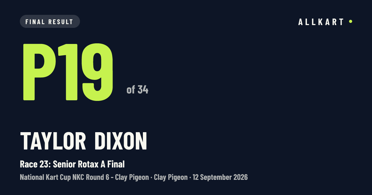 Taylor Dixon: P19 of 34 in Race 23: Senior Rotax A Final at Clay Pigeon