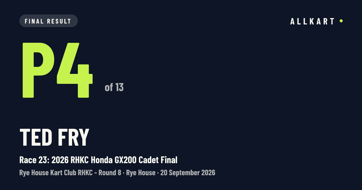 Ted Fry: P4 of 13 in Race 23: 2026 RHKC Honda GX200 Cadet Final at Rye House
