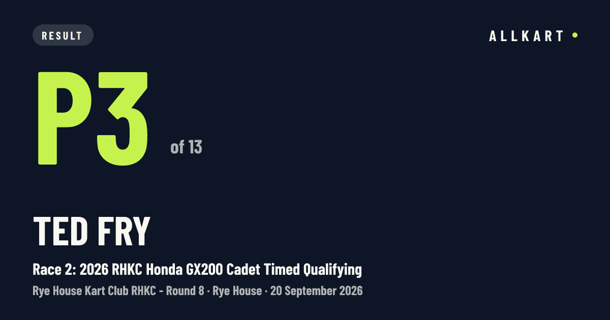 Ted Fry: P3 of 13 in Race 2: 2026 RHKC Honda GX200 Cadet Timed Qualifying at Rye House