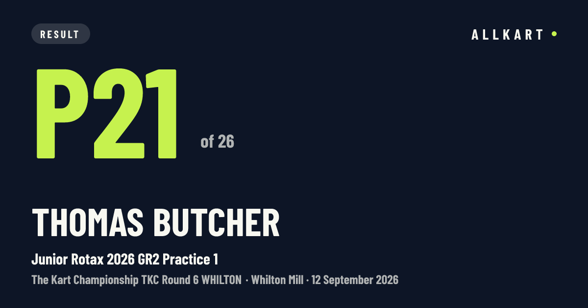Thomas Butcher: P21 of 26 in Junior Rotax 2026 GR2 Practice 1 at Whilton Mill