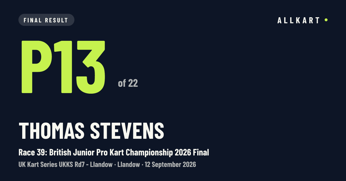 Thomas Stevens: P13 of 22 in Race 39: British Junior Pro Kart Championship 2026 Final at Llandow