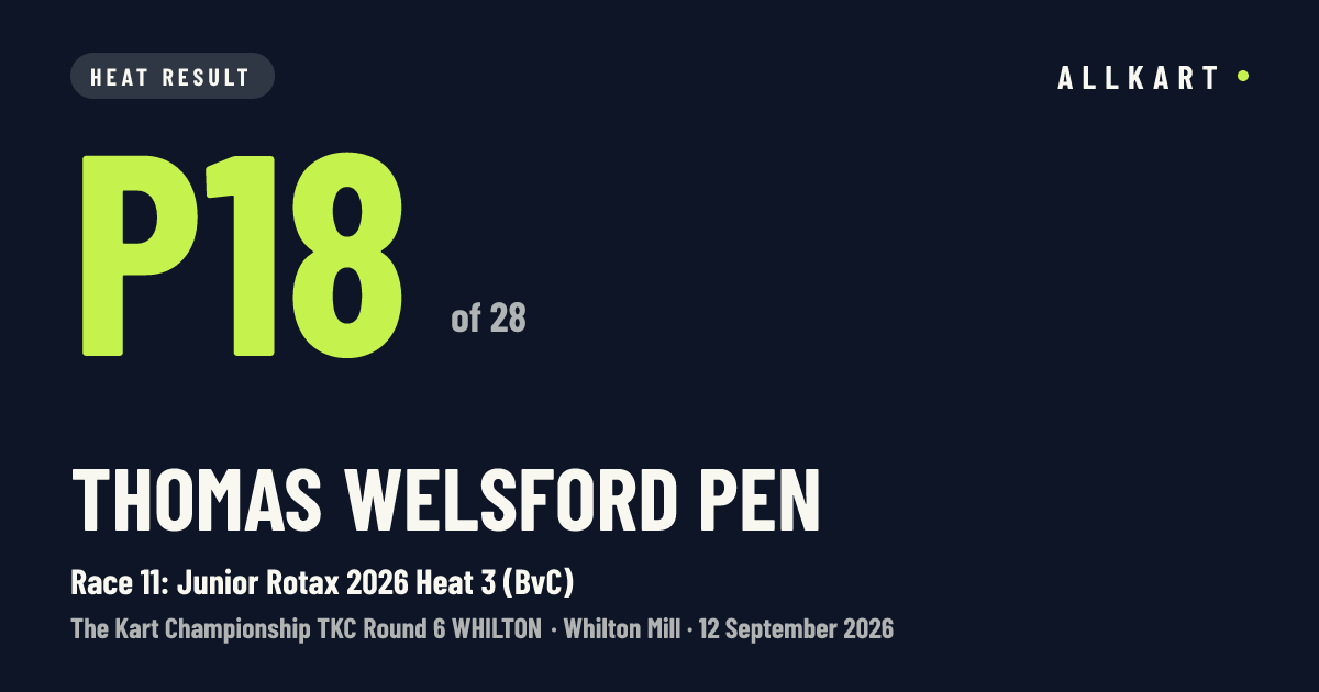 Thomas Welsford pen: P18 of 28 in Race 11: Junior Rotax 2026 Heat 3 (BvC) at Whilton Mill