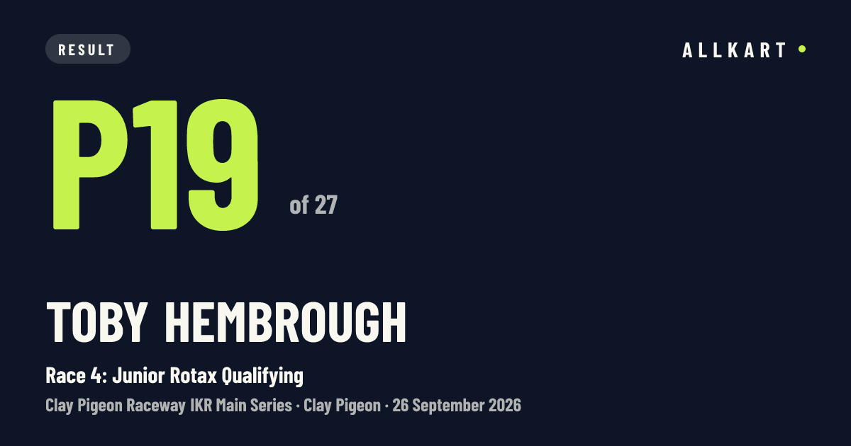 Toby Hembrough: P19 of 27 in Race 4: Junior Rotax Qualifying at Clay Pigeon
