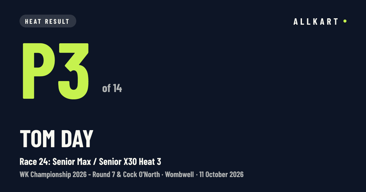 Tom Day: P3 of 14 in Race 24: Senior Max / Senior X30 Heat 3 at Wombwell