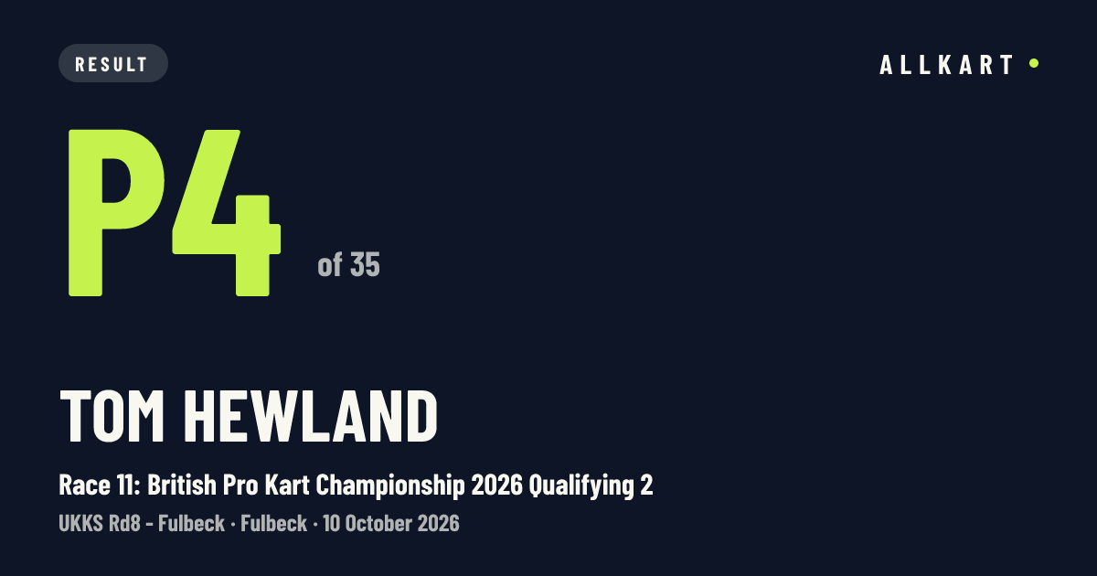 Tom Hewland: P4 of 35 in Race 11: British Pro Kart Championship 2026 Qualifying 2 at Fulbeck