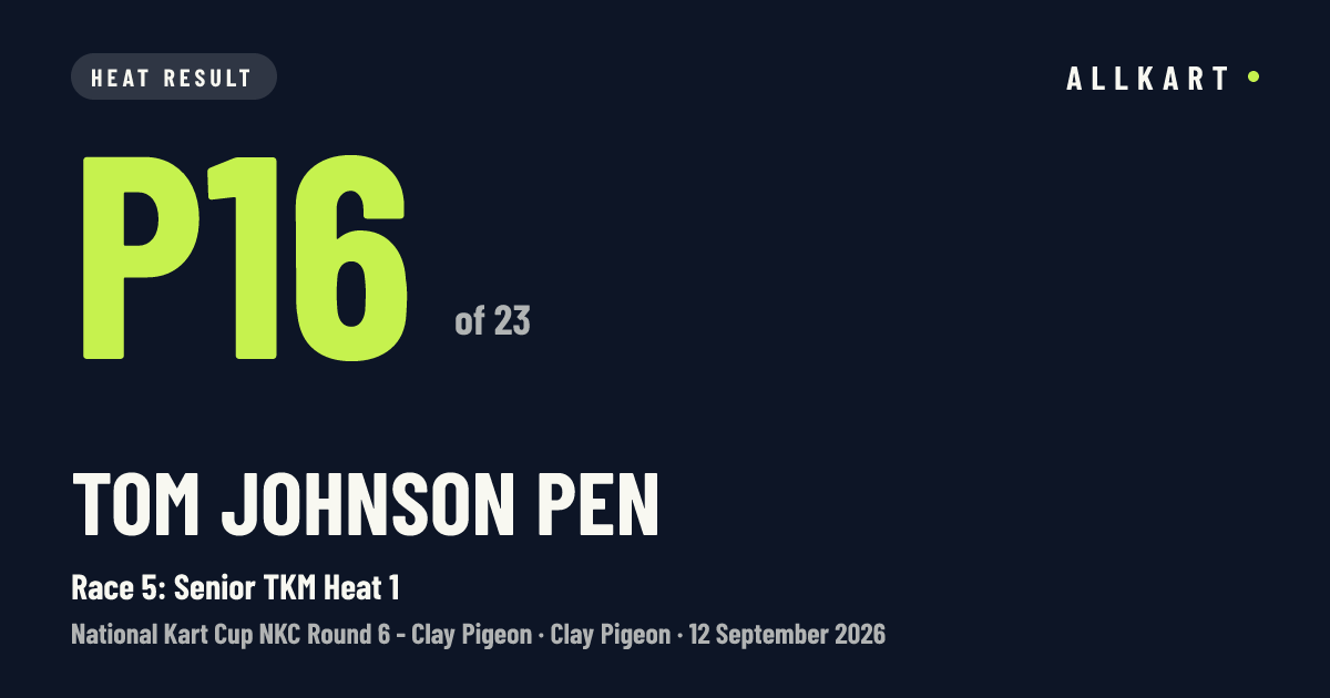 Tom Johnson pen: P16 of 23 in Race 5: Senior TKM Heat 1 at Clay Pigeon