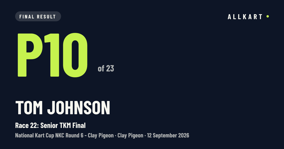Tom Johnson: P10 of 23 in Race 22: Senior TKM Final at Clay Pigeon