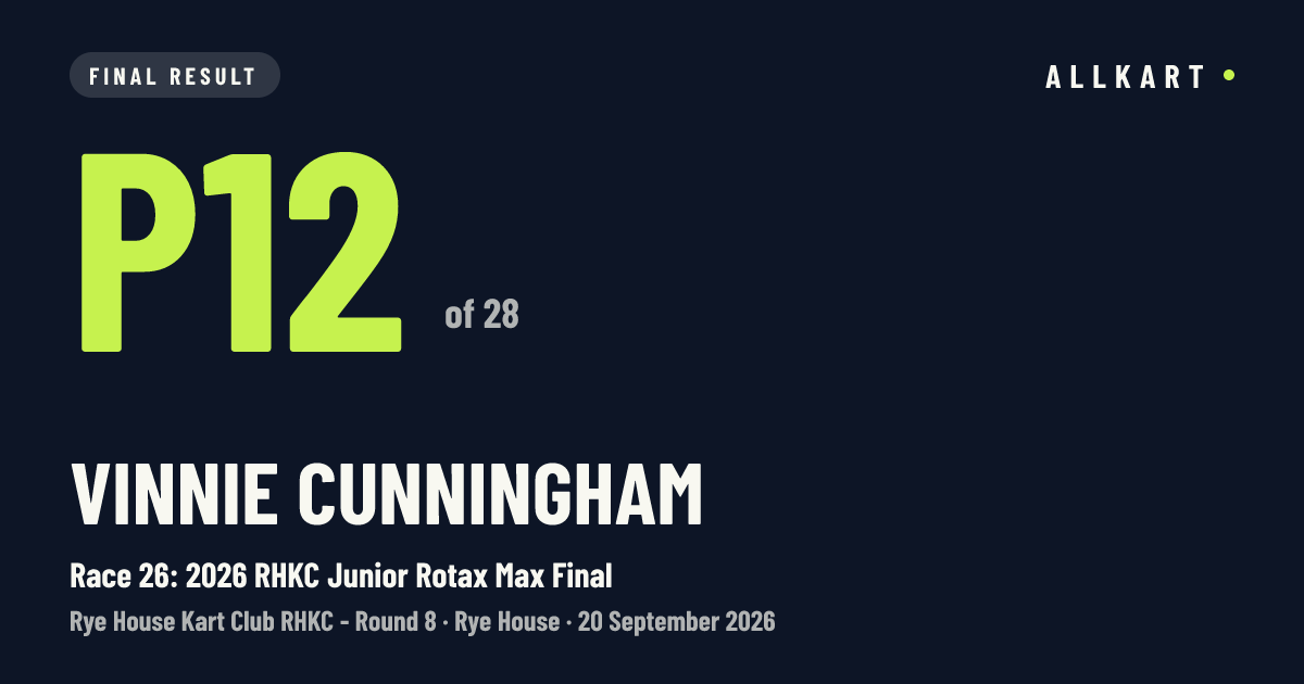 Vinnie Cunningham: P12 of 28 in Race 26: 2026 RHKC Junior Rotax Max Final at Rye House