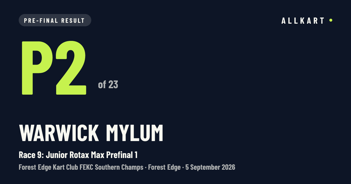Warwick Mylum: P2 of 23 in Race 9: Junior Rotax Max Prefinal 1 at Forest Edge