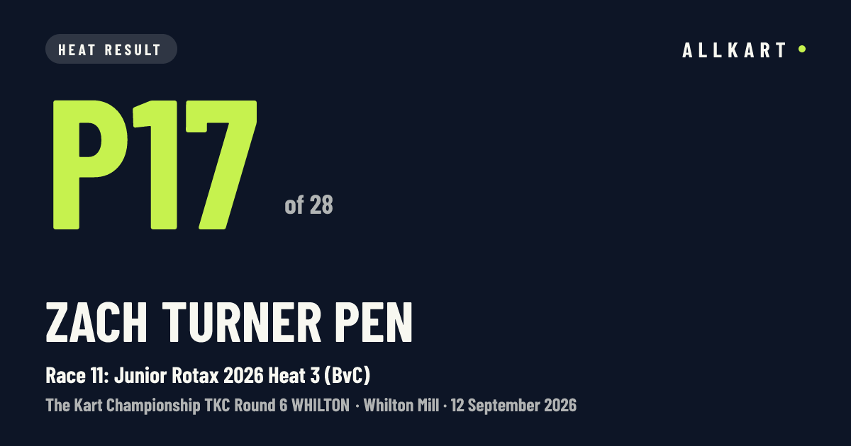 Zach Turner pen: P17 of 28 in Race 11: Junior Rotax 2026 Heat 3 (BvC) at Whilton Mill
