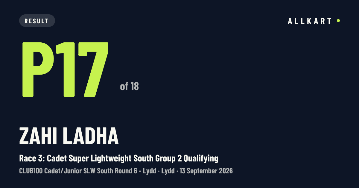 Zahi Ladha: P17 of 18 in Race 3: Cadet Super Lightweight South Group 2 Qualifying at Lydd