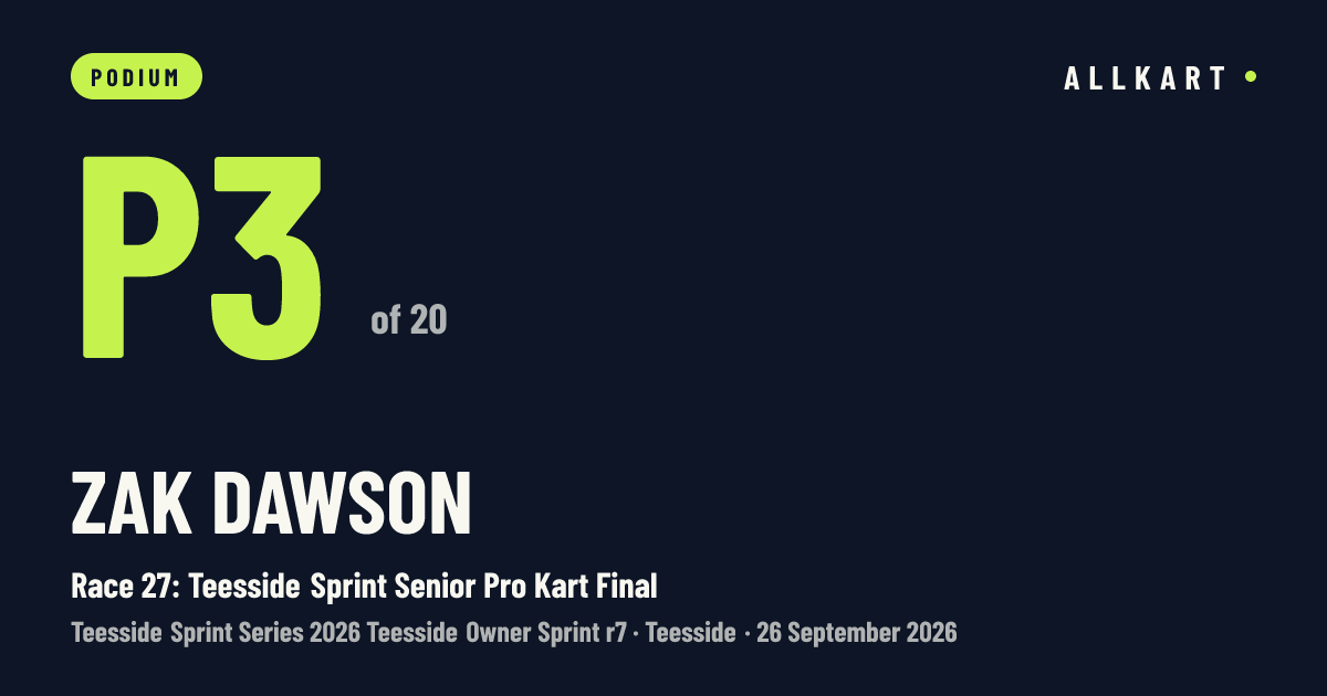 Zak Dawson: P3 of 20 in Race 27: Teesside Sprint Senior Pro Kart Final at Teesside