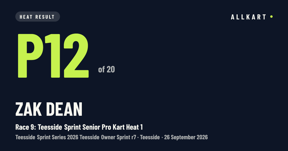 Zak Dean: P12 of 20 in Race 9: Teesside Sprint Senior Pro Kart Heat 1 at Teesside