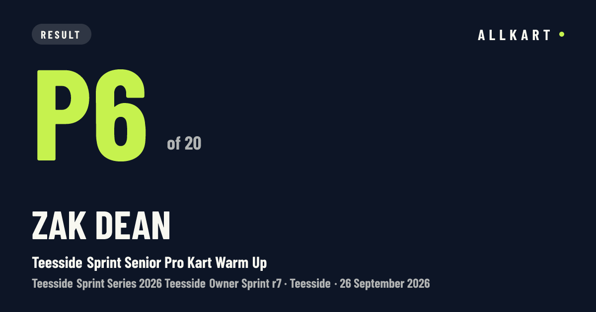 Zak Dean: P6 of 20 in Teesside Sprint Senior Pro Kart Warm Up at Teesside